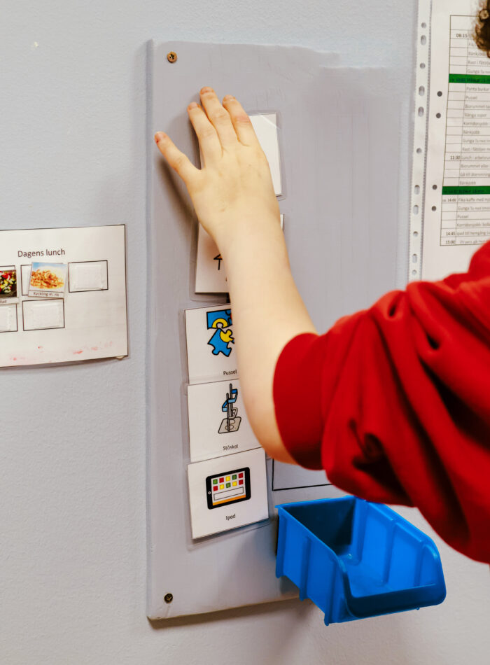 Hand placerar ett kort på en visuell tavla