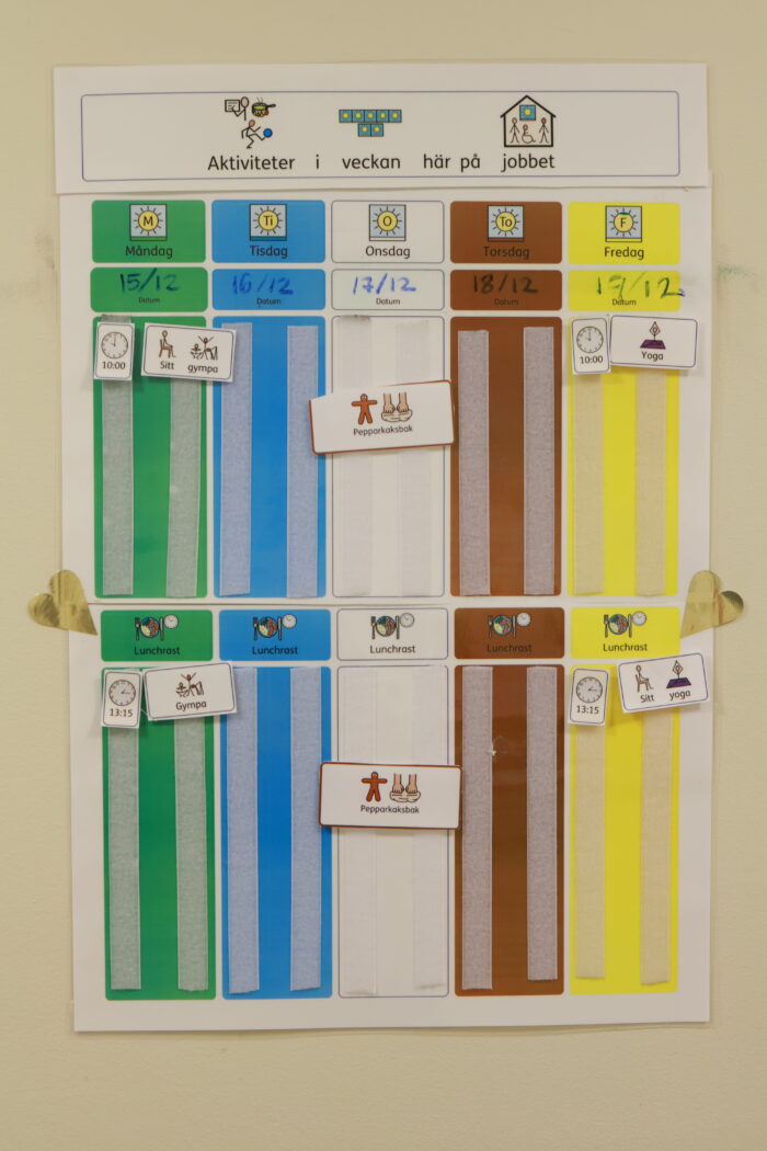 Tavla med färgkodade schemaremsor ordnade i kolumner,används som visuellt bildstöd.