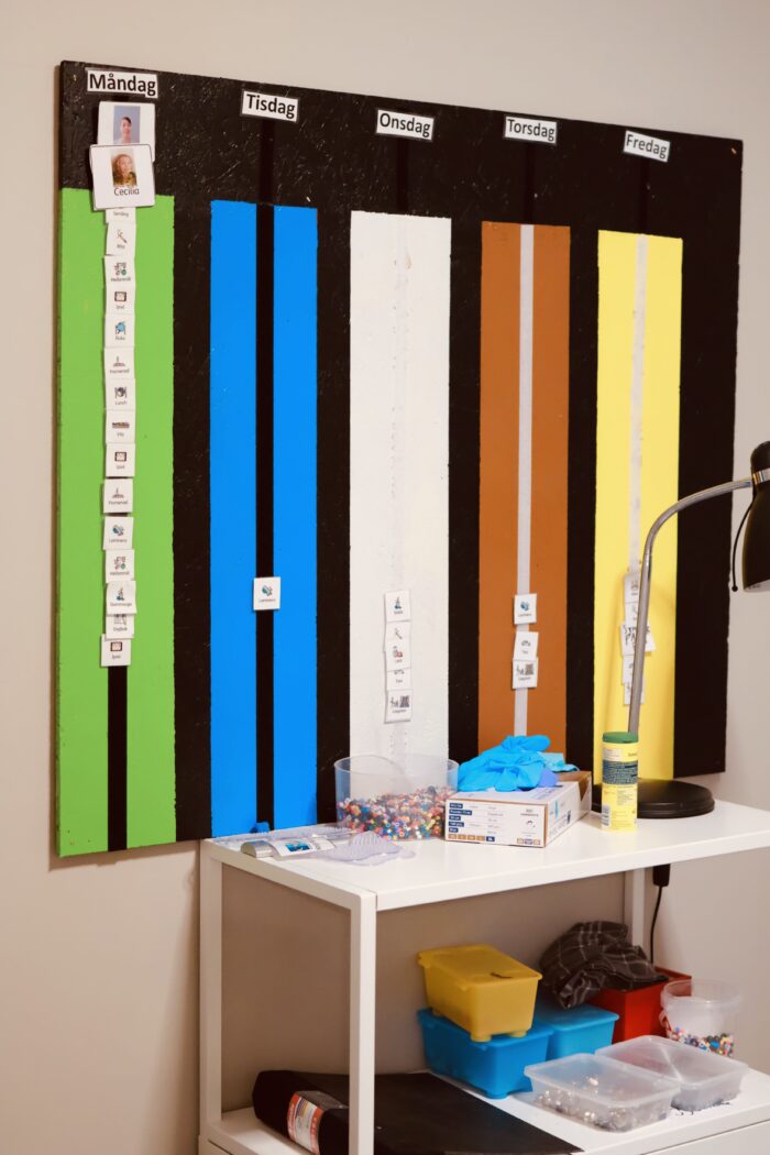 Veckoschema med flera lodräta färgade remsor som hänger ner ovanför en liten hylla med lådor och material. Pedagogisk utrustning i ett aktivitetsrum.