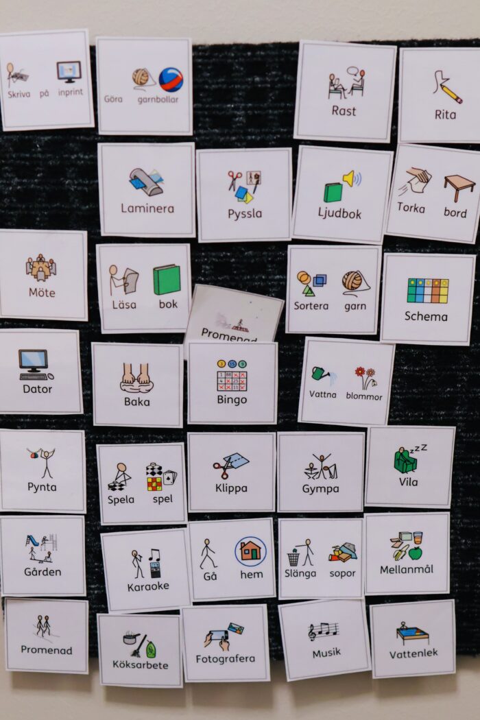 Rutnät med många små bildkort med symboler och text,ordnade på en mörk bakgrund som ett bildstödssystem.