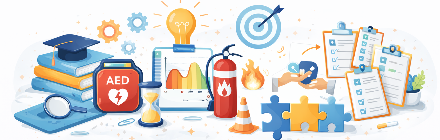 Illustration av utbildningar med HLR-symbol (hjärtstartare), affektkurva, brandutbildning, pusselbitar för tydliggörande samt checklistor och nyckel för delegering i en centrerad horisontell remsa på ljus bakgrund.