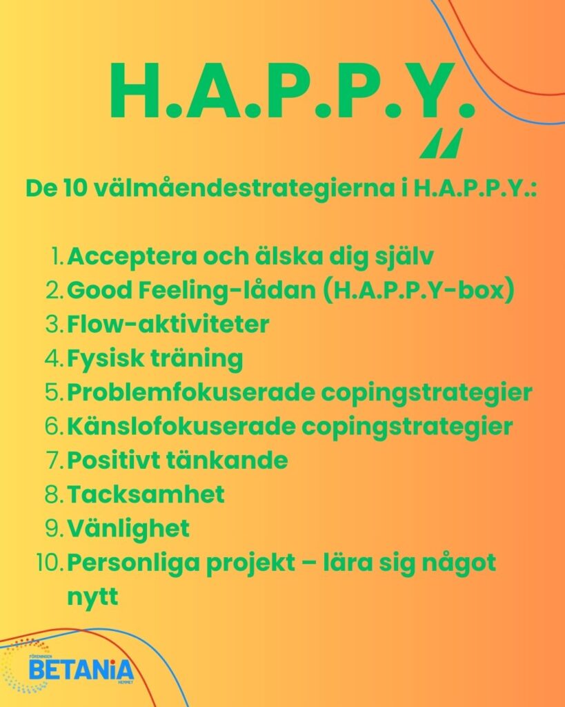 Gul bakgrund med grön text. De tio välmåendesstrategierna I HAPPY