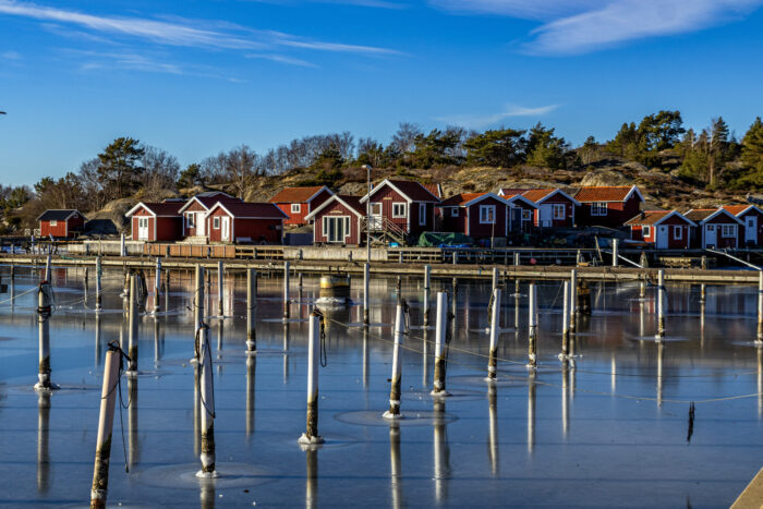 Röda sjöbodar vie en brygga med träpålar i förgrunden och blank is på vattnet en solig dag