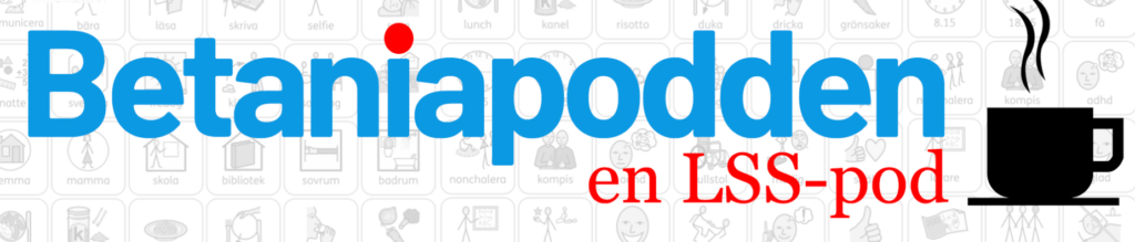 Betaniapoddens blå logga och en svart kaffekopp.